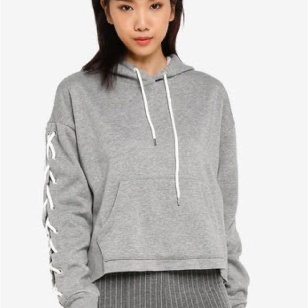 Forever 21 XXI Gray Cozy Hooded Sweatshirt w/ Grommets & Lace-Up Long Sleeves S